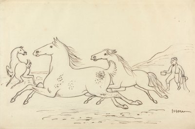 三頭の馬と厩舎の若者 作： James Howe
