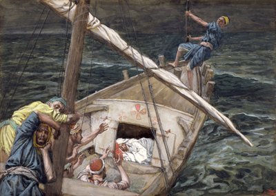 嵐の間に眠っているキリスト、「キリストの生涯」のイラスト、1886-94年（板紙にトイレとガッシュ） 作： James Jacques Joseph Tissot