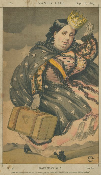 イザベラ2世、スペインの女王、1869年9月18日、バニティフェアの漫画 作： James Jacques Joseph Tissot