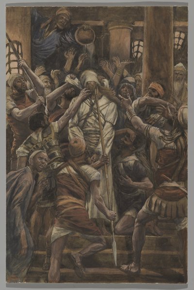 カイアファの家の虐待、私たちの主イエス・キリストの生涯からの挿絵、1886-94（紙の黒鉛の上にトイレ） 作： James Jacques Joseph Tissot