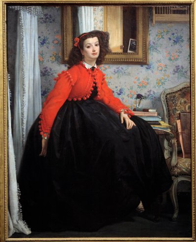 マドモアゼルL.L.の肖像、または赤いジャケットを着た若い娘 ジャック・ジョセフ(Jacques-Joseph) Tissot dit James Tissot (1836-1902) 1864 Sun.1.24x0.99 m パリ、オルセー美術館 作： James Jacques Joseph Tissot