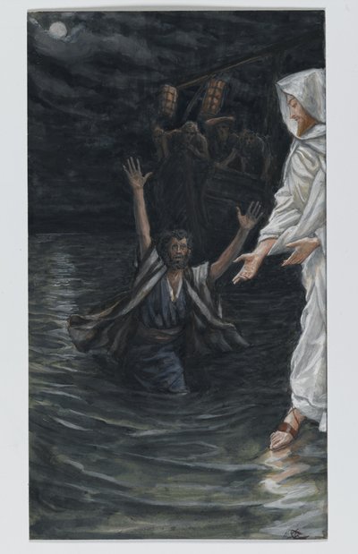 聖ペテロが海を歩く、主イエス・キリストの生涯のイラスト（紙の黒鉛の上にトイレ） 作： James Jacques Joseph Tissot