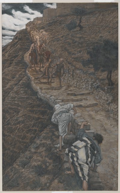 聖ペテロと聖ヨハネは遠くから来ます、私たちの主イエス・キリストの生涯からのイラスト、1886-94（紙のグラファイトの上にトイレ） 作： James Jacques Joseph Tissot