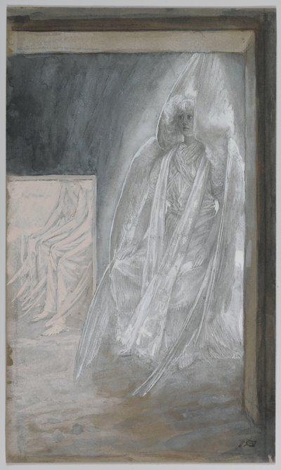 墓の石の上に座っている天使、「私たちの主イエス・キリストの生涯」からの挿絵、1886-94（紙の黒鉛の上にトイレ） 作： James Jacques Joseph Tissot