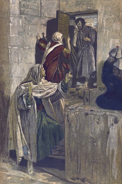 The First Denial of Saint Peter - The First Denial of Saint Peter - from "The Life of Our Lord Jesus Christ" - 1899 by James Tissot - La vie de notre seigneur Jesus Christ, by Jacques Joseph (Jacques Joseph) Tissot dit James Tissot (1836-1902) 作： James Jacques Joseph Tissot