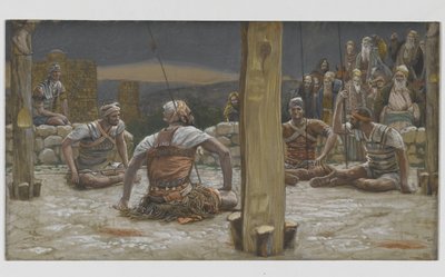 4人の警備員が座って彼を見守った、私たちの主イエス・キリストの生涯からの挿絵、1886-94（紙の黒鉛の上にトイレ） 作： James Jacques Joseph Tissot