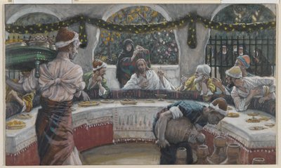 パリサイ人の家での食事、私たちの主イエス・キリストの生涯のイラスト（紙の黒鉛の上にトイレ） 作： James Jacques Joseph Tissot