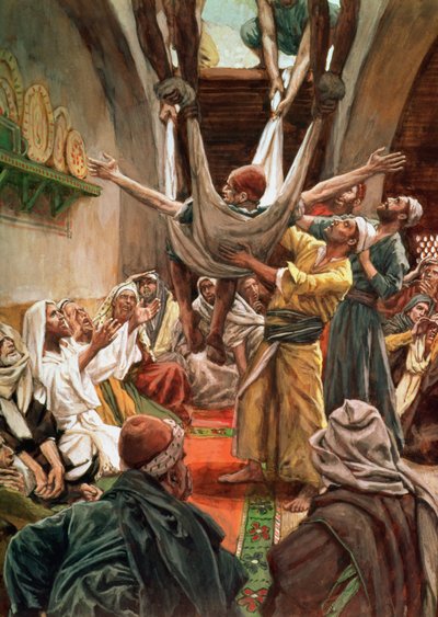 麻痺した男は屋根から降りる、キリストの生涯の挿絵、1886-94年 作： James Jacques Joseph Tissot