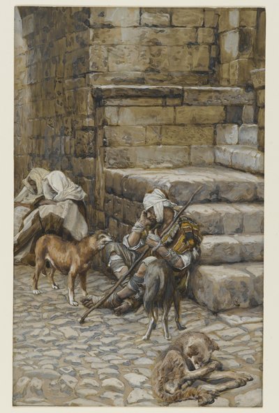 リッチマンドアの貧しいラザロ、私たちの主イエスキリストの生涯のイラスト（紙の黒鉛の上にトイレ） 作： James Jacques Joseph Tissot