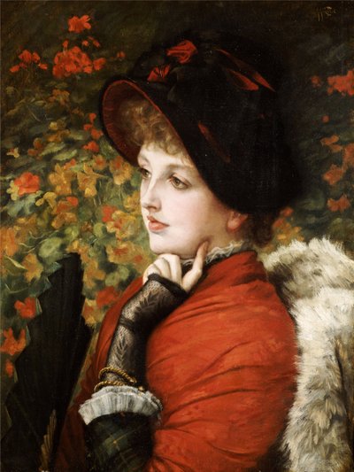 美のタイプ：赤いドレスと黒いボンネットを着たキャスリーンニュートン夫人の肖像、1880年 作： James Jacques Joseph Tissot