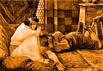 サムソンはデリラに彼の秘密を明かす-聖書 作： James Jacques Joseph after Tissot
