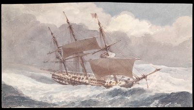 プルテニー・マルコム副提督とともにイギリスへ向かうバルハム号、サルデーニャ島南端沖、19世紀半ば（水彩画） 作： James Kennett Willson
