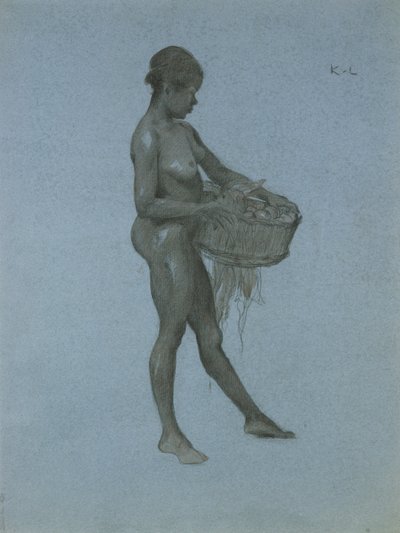 野菜のバスケットを運ぶネグレス（紙に炭） 作： James Kerr Lawson