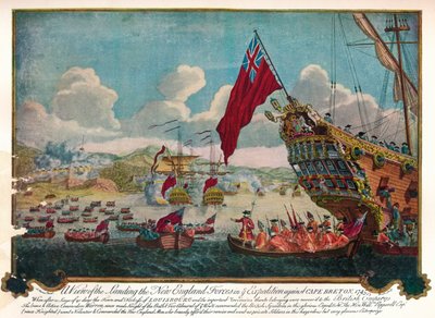 1747年、ルイブールを攻撃するためにケープブレトン島にニューイングランドから軍が上陸 作： James L. Brooks