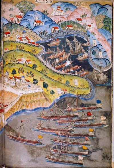 1543年、ローマ帝国の支配下にあったフランスのニースを襲撃する海賊たち。トルコ、イスタンブールのトプカプ博物館。 作： James L Stanfield