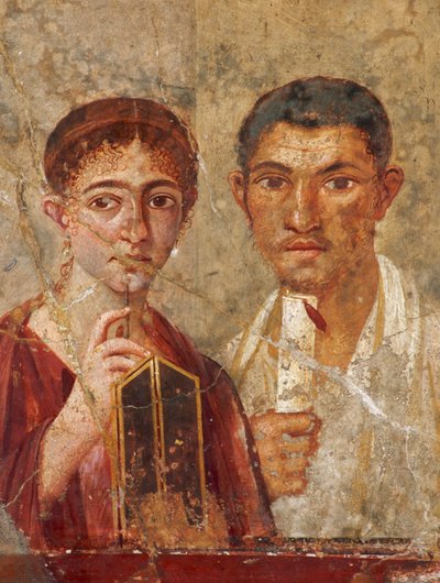 ポンペイで発見されたローマ時代のフレスコ画には、筆記用具を持つカップルが描かれている。考古学博物館... 作： James L Stanfield