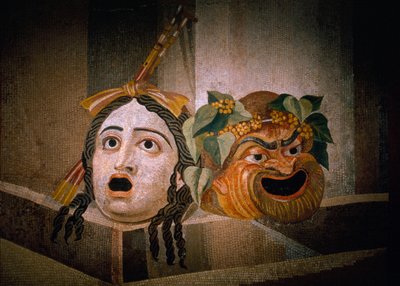 悲劇と喜劇が描かれた紀元2世紀のローマのモザイク画。イタリア、ローマ、カピトリーニ美術館。 作： James L Stanfield