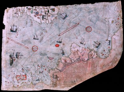 1513年に完成したピリ・レイス・ハリタシの地図。トルコ、イスタンブールのトプカプ宮殿博物館。 作： James L Stanfield