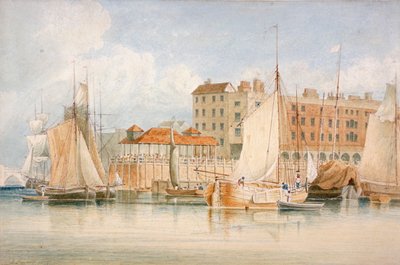 船と人々がいるビリングスゲート埠頭と市場の眺め、ロンドン市、1824年。 作： James Lambert