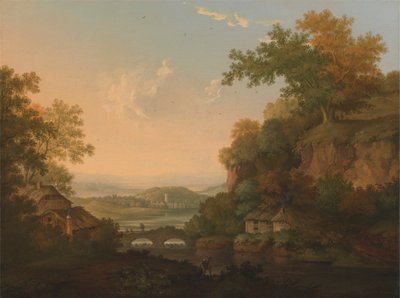 堰に架かる橋のそばの茅葺き小屋のある川の風景 作： James Lambert  of Lewes