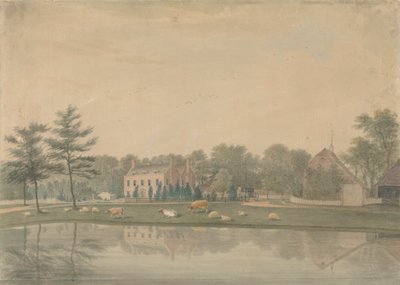 池のほとりに牛と羊がいるリングマーの家の北東の眺め 作： James Lambert  of Lewes