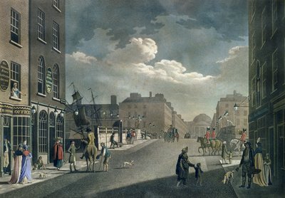 「ダブリンの20の景色のセット」、1797年からダブリン、エセックス橋を見下ろすカペル通りからの眺め 作： James Malton