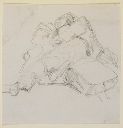 荷物の山の上で眠る男性 作： James Abbott McNeill Whistler