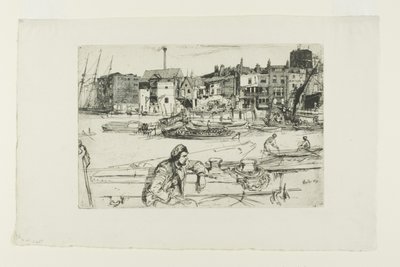 ブラック ライオン ワーフ、テムズ川のシーンの一連の 16 のエッチング (「テムズ セット」) から 作： James Abbott McNeill Whistler