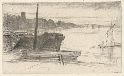 テムズ川のセットからのチェルシー橋と教会 作： James Abbott McNeill Whistler