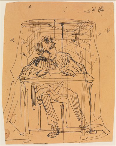 蚊帳の下でテーブルに座る男（スケッチブックより） 作： James McNeill Whistler
