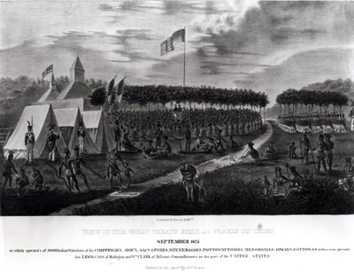 1825年「アボリジナルポートフォリオ」から1825年9月、ウィスコンシン州プレーリーデュチエンで開催された大条約の表示 作： James Otto Lewis
