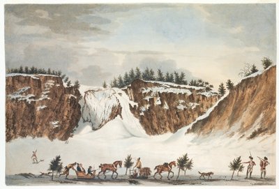 ジョンウェルズによって刻まれた、1781年4月12日撮影の氷上道路からのモンモレンシの滝の冬景色 作： James Peachey
