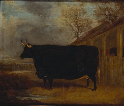 牛小屋のそばに立っている黒い雄牛 作： James Pollard