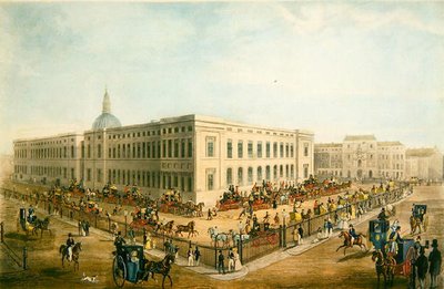 出発準備中のロイヤル・メールの馬車が置かれた旧郵便局の北東の風景、1830年頃（紙にアクアチント） 作： James Pollard