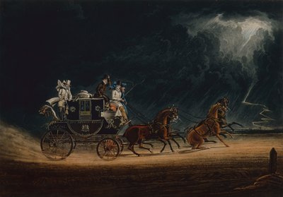 ニューマーケットヒースの雷雨の中の郵便馬車 作： James Pollard