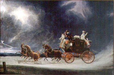 The Norwich Mail Coach in a Thunderstorm on Newmarket Heath（油彩・キャンバス） 作： James Pollard