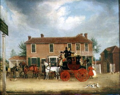 The Norwich to London Mail at the Coach and Horses, Ilford（油彩・キャンバス） 作： James Pollard