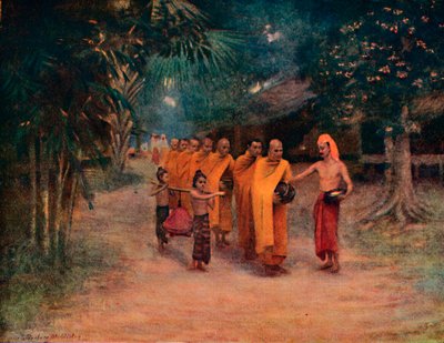 村で物乞いをするビルマの僧侶たち-1913年の早朝 作： James Raeburn Middleton