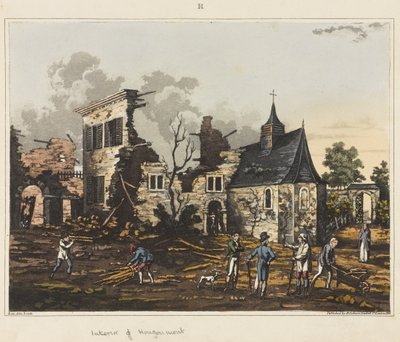 「ウォータールーの戦いの歴史的記述」、1817年（着色されたアクアチント）のHougoumontの内部 作： James Rouse