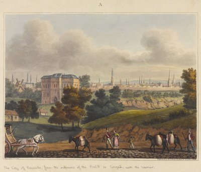 ブリュッセル市、入口からフォアドソワネスへ、バリア付き1815年、「ウォータールーの戦いの歴史的記録」、1817年（色のアクアチント） 作： James Rouse