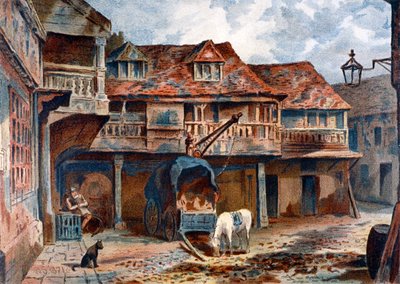 1871年、ロンドン、サザーク、ボロー・ハイ・ストリートのタバード・インの中庭 作： James S Virtue