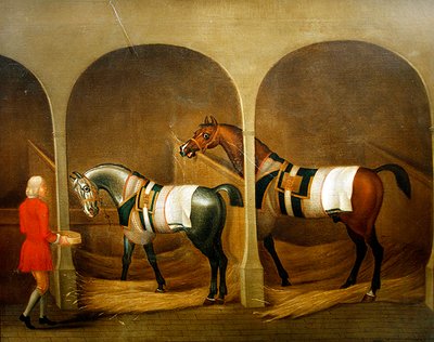 馬小屋で2頭の馬に餌をやる新郎（油彩・キャンバス） 作： James Seymour