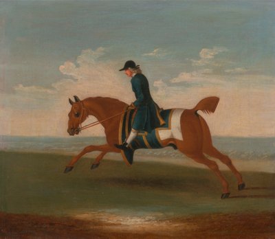 Um dos quatro retratos de cavalos - um cavalo de corrida castanho exercitado por um treinador em um casaco azul: galopando para a esquerda, o cavalo vestindo capa de suor azul e pano de sela com bordas douradas 作： James Seymour