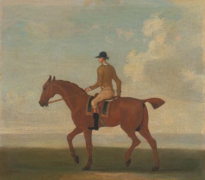 Yksi neljästä hevosen muotokuvasta - kastanjakilpahevonen Jockey Up:lla kävelemässä vasemmalle; jockey ruskeankeltaisessa takissa 作： James Seymour