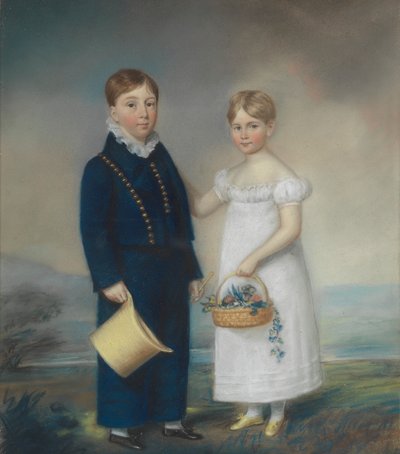 風景の中に立っている、帽子をかぶった少年と花のバスケットを持った少女 作： James Sharples