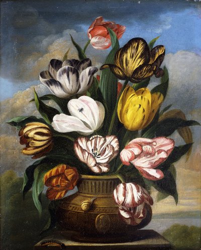 花瓶のチューリップ、キャタピラー、カタツムリ、フライ、風景の中の台座、1826年 作： James Sillett