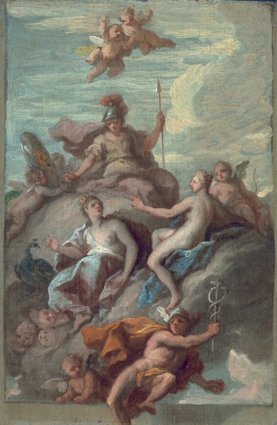 ジュノ、ミネルヴァ、金星、アップル・オブ・ディスコードで水星を派遣、1718年 作： James Thornhill