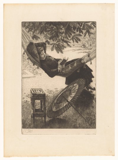 ハンモックで読書する若い女性 作： James Tissot