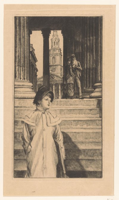 ロンドンのナショナル ギャラリーの階段を下りる若い女性 作： James Tissot