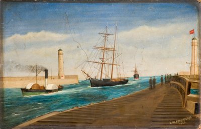 1885年サンダーランドハーバーにブリッグ「ポリー」を牽引するタグボート「レスキュー」（ミルボードに油彩） 作： James W. Ferguson